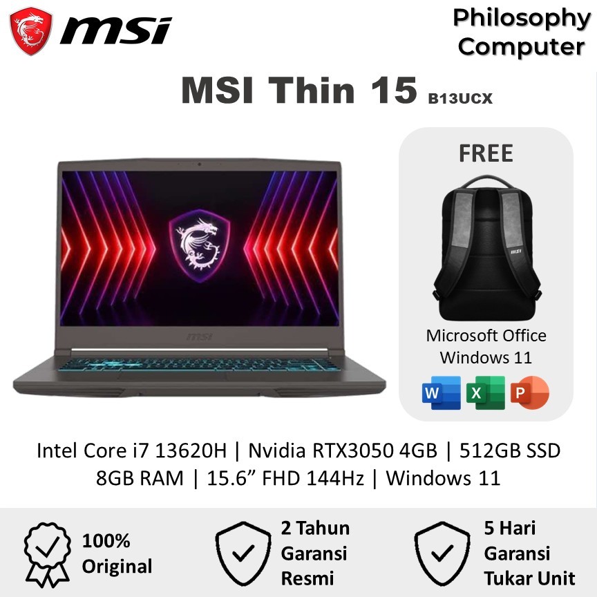 Laptop Gaming MSI Thin 15 Intel Core i7-13620H RTX3050 4GB/ 8GB 512GB 15.6 Full HD 144Hz BLIT Win11