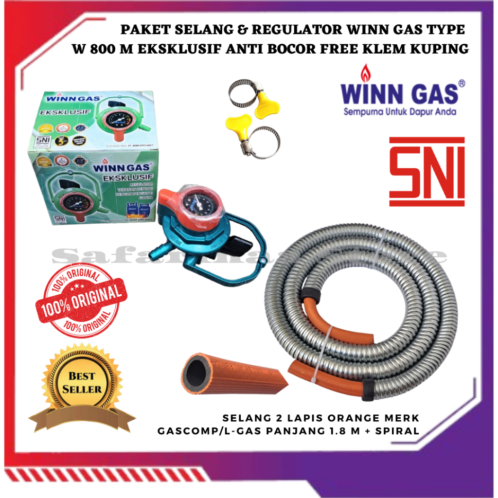 REGULATOR ANTI BOCOR KOMPOR GAS LPG WINN GAS W 800 M EKSKLUSIF SET SELANG ORANGE 2 LAPIS