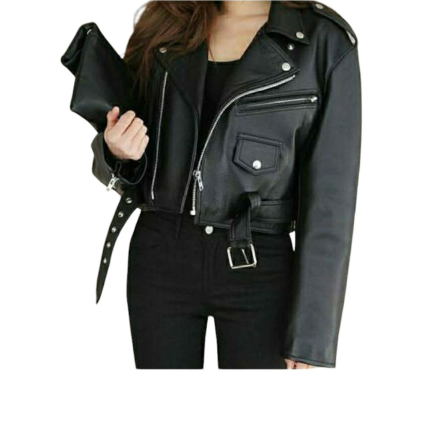 BESTPROMO Jaket Wanita Crop Semi Kulit Model Korea Kekinian Warna Hitam Pink Coklat