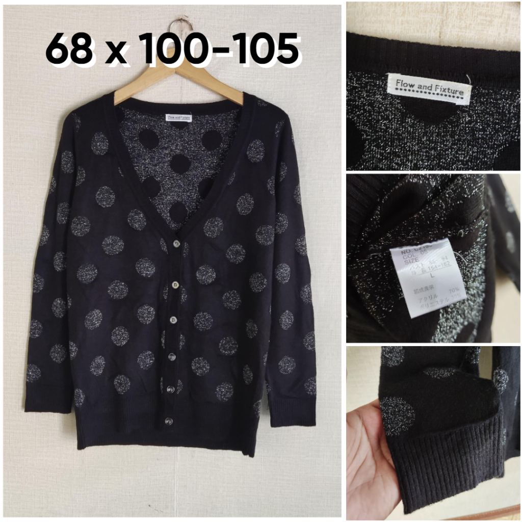 Cardigan Flow & Fixture Hitam Motif Polkadot Blink V Neck Size L Wanita Atasan Cewek Outer Knit A147
