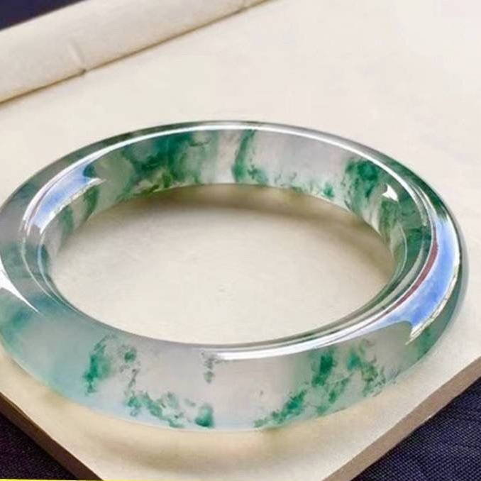 Gelang Jadeite Es Alami dengan Bunga Mengapung, Gelang Jade Es Transparan Burma, Gelang Jade Hijau u