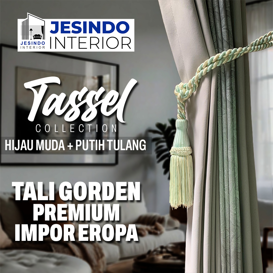 Tali Ikatan Gorden Gordyn Tassel Mewah Import Eropa Warna HIJAU MUDA + PUTIH TULANG