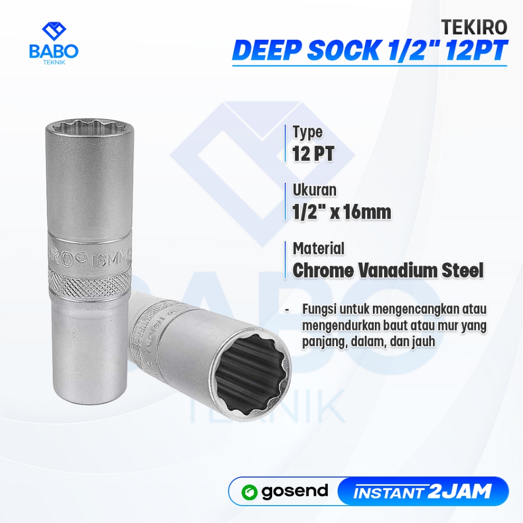 Tekiro Mata Sock Panjang 16 mm 1/2 Inch 12PT Kunci Sok Deep Wall Hand Socket