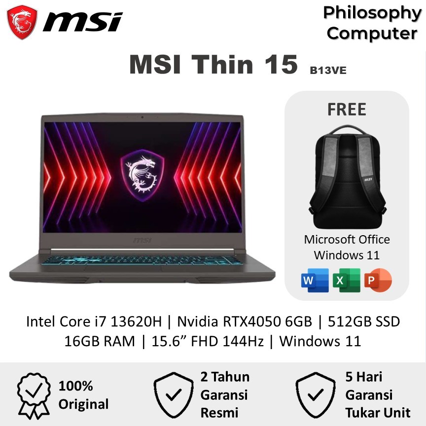 Laptop Gaming MSI Thin 15 Intel Core i7-13620H RTX4050 6GB/ 16GB 512GB 15.6FHD 144Hz Windows 11