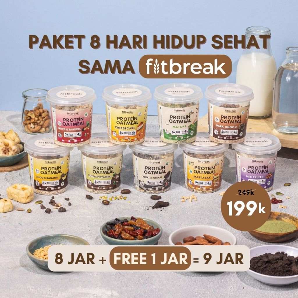 

Fitbreak Paket 8 hari Hidup Sehat (Gratis 1 Jar) Ganti Cemilan dengan Fitbreak Protein Oatmeal Tinggi Serat Healthy Snack Instant Oats Overnight Oats Diet Friendly Sarapan Oatmeal