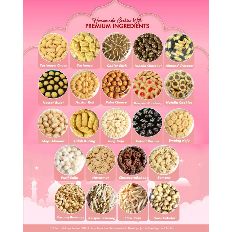 

Kue Kering Lebaran / KUKER PREMIUM 500gr Nastar / Coklat Stick / Castengel / Putri Salju / Nutella Cookies / Chococornflakes / Havermut