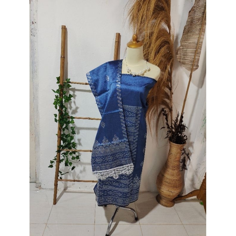 Songket silungkang warna denim motif silver, songket padang