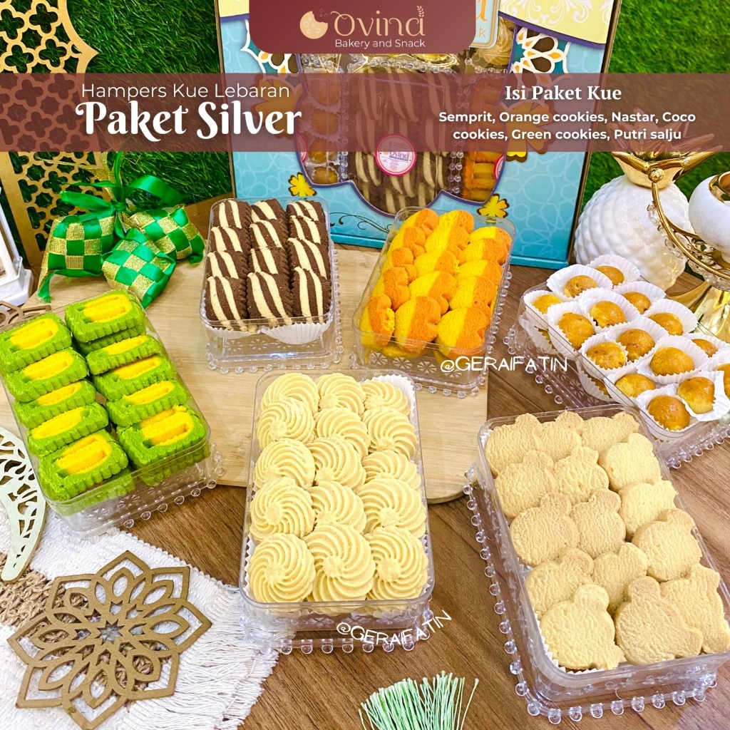 

SHABRINA_FASHION!! PAKET PARCEL LEBARAN 2025 KUE OVINA PAKET SILVER ISI 6 TOPLES BAKERY SNACK