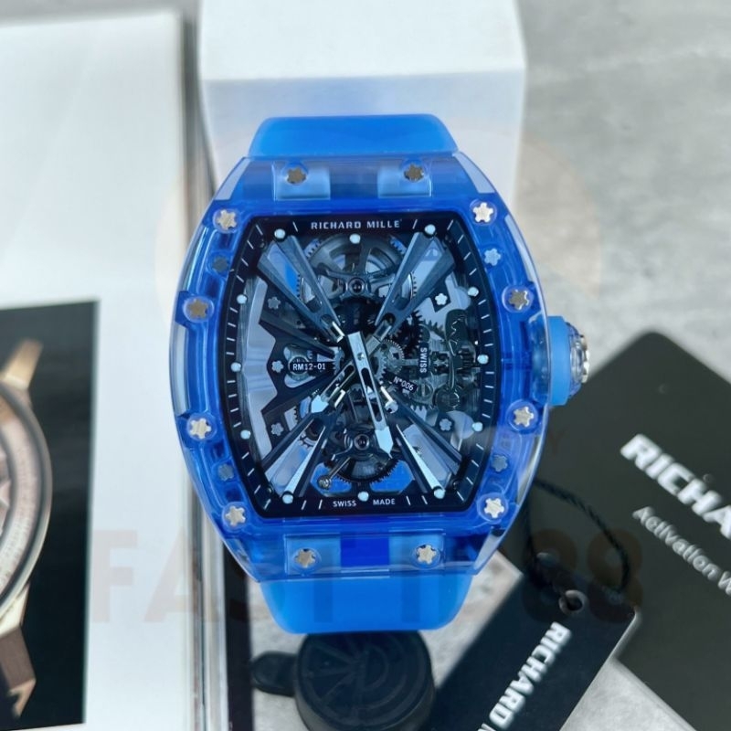 jam tangan pria RM Factory  RM12 01Blue Crystal Blue Rubber Strap Skeletonized Black Dial