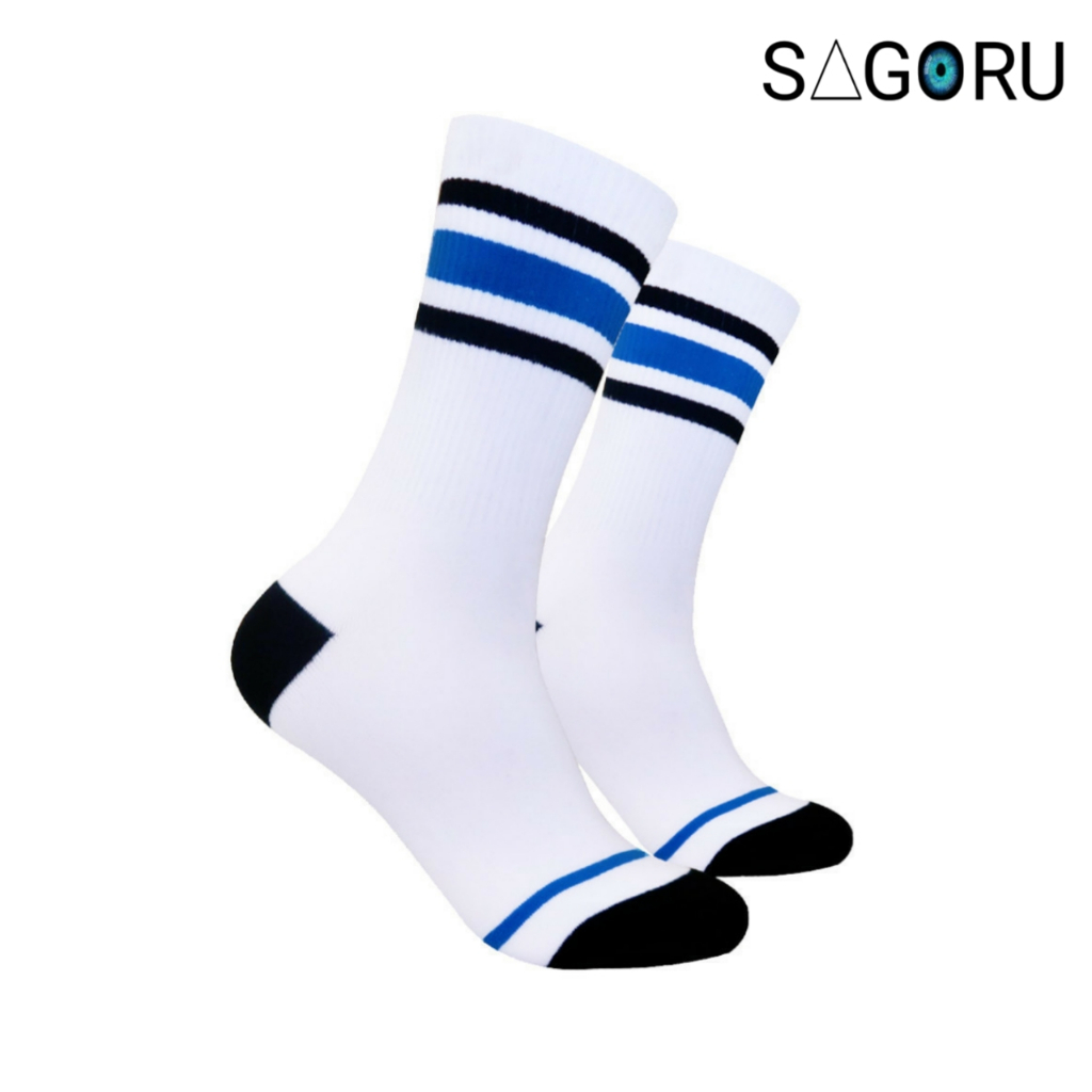 3 Pasang Sagoru Kaos Kaki Panjang Stripe 3 Hitam Biru Hitam Warna Putih All Size