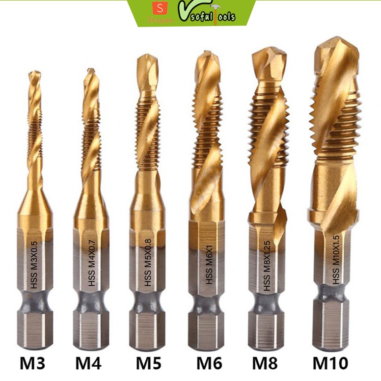 Tren Usefultools 6PCS Mata Bor Pembuat Ulir Drat Drill Tap Set Hex Twist Spiral Tapper Baut Bit Dril