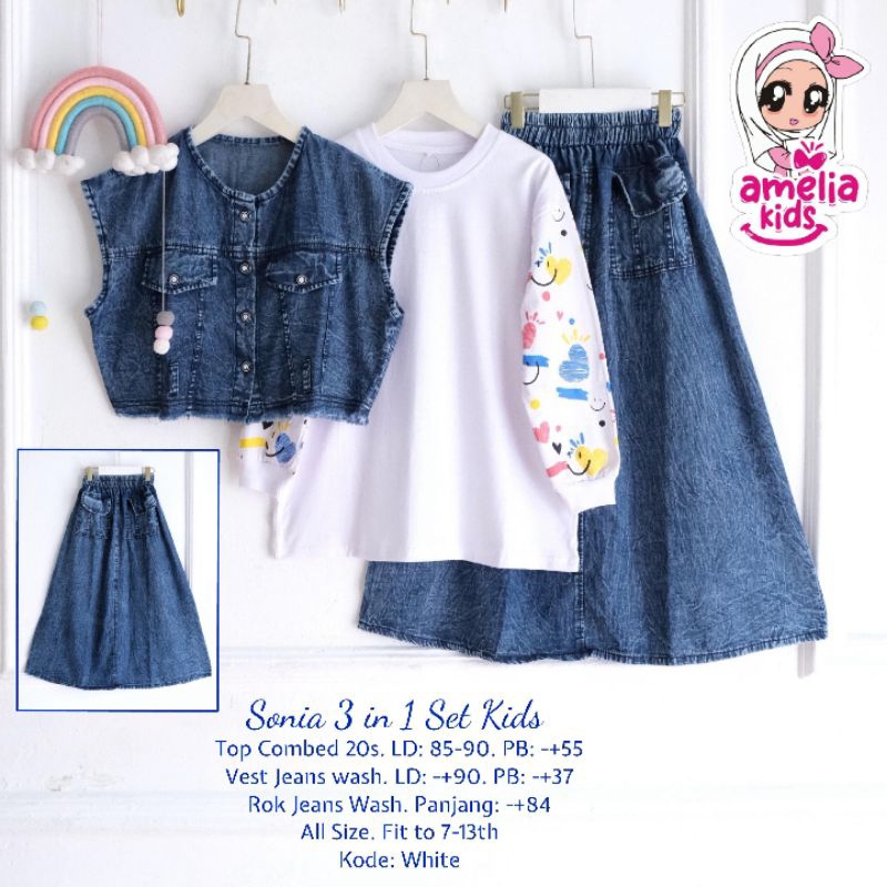 (COD) Set 3in1 anak embun sonia set kids ORI Amelia kids// setelan baju anak perempuan usia 7-13tahu