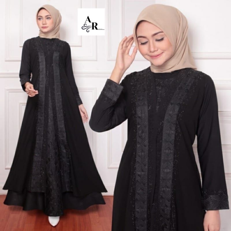 Gamis Abaya Turkey Jersey Mix Ceruty Bordir - List Hitam