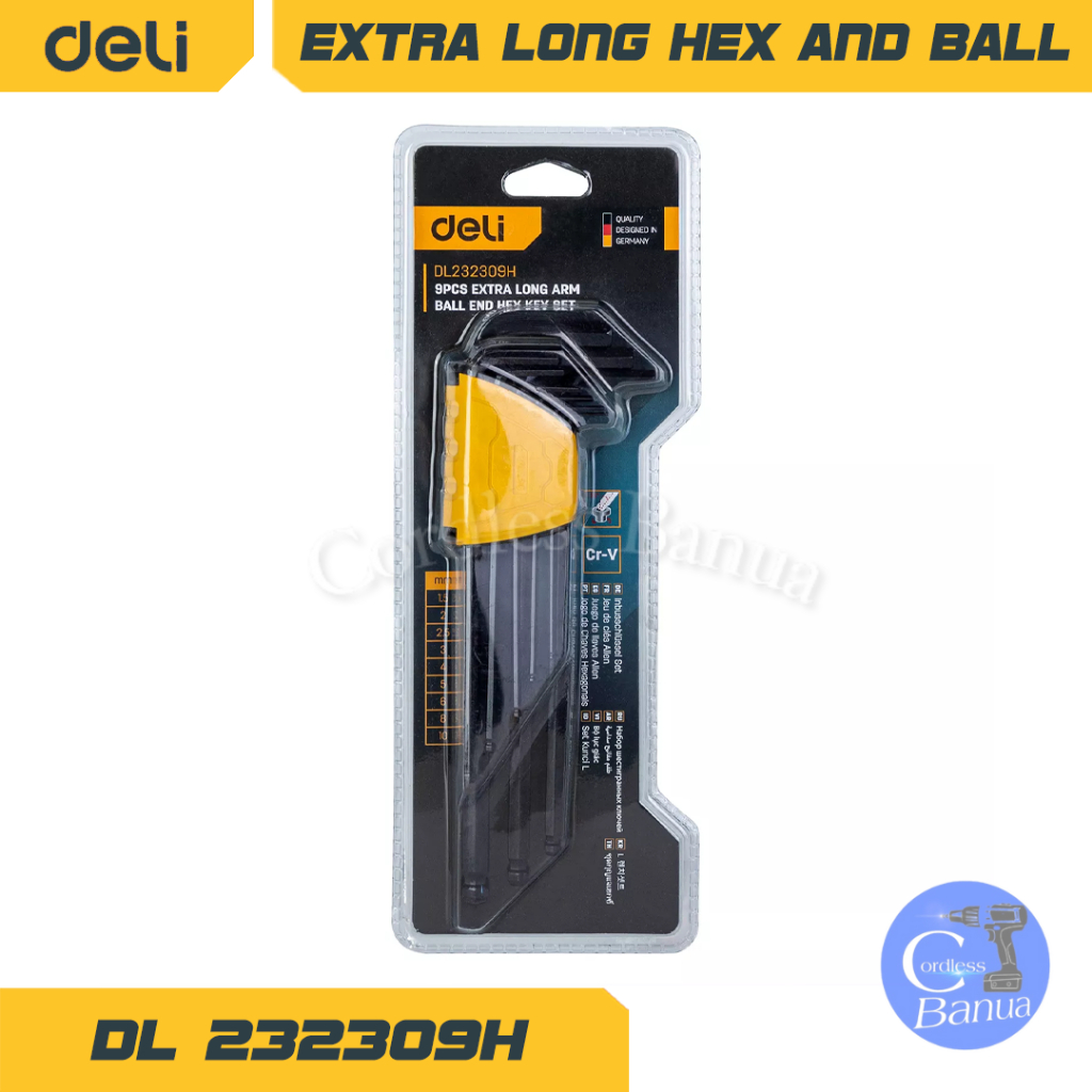 KUNCI L HITAM BP SET EXTRA PANJANG "DELI" 9PCS EDL232309H ||KUNCI L SET BALLPOINT "DELI" 9PCS HITAM