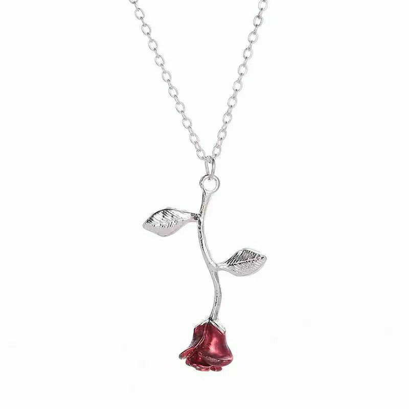Kalung rantai wanita silver liontin bunga mawar rose merah roses red pendant necklace charm aksesori