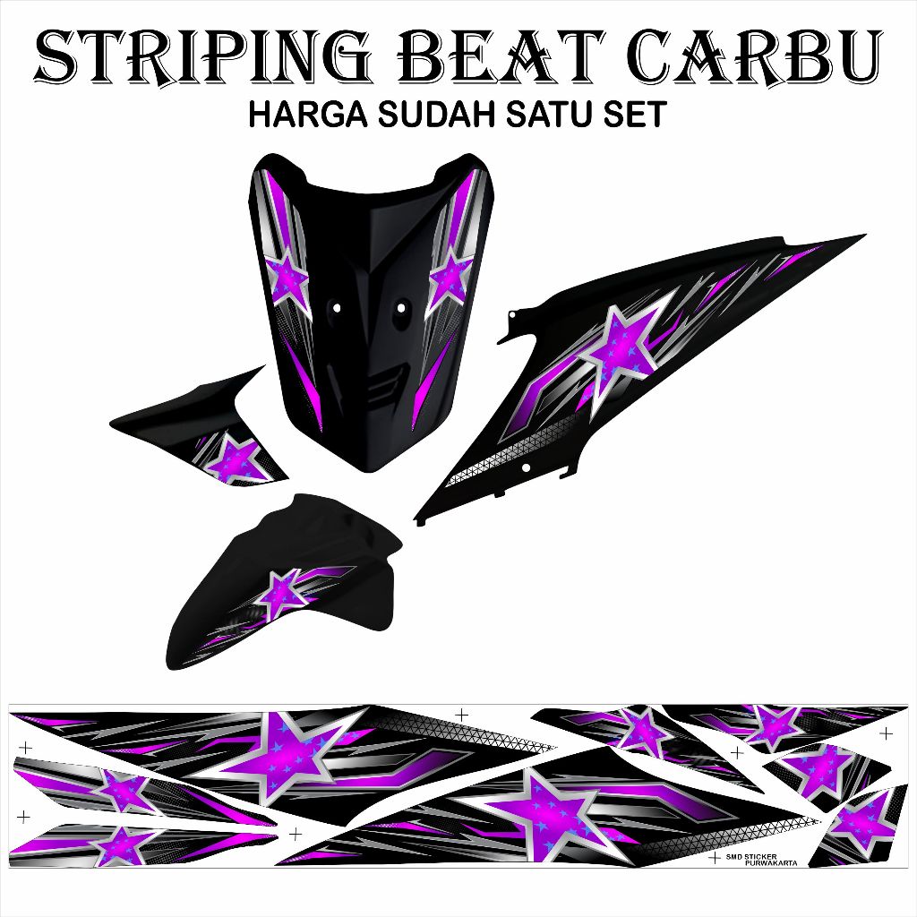 STRIPING VARIASI 14 HONDA BEAT KARBU 2008-2012 STICKER MOTOR MOTIP BINTANG UNGU