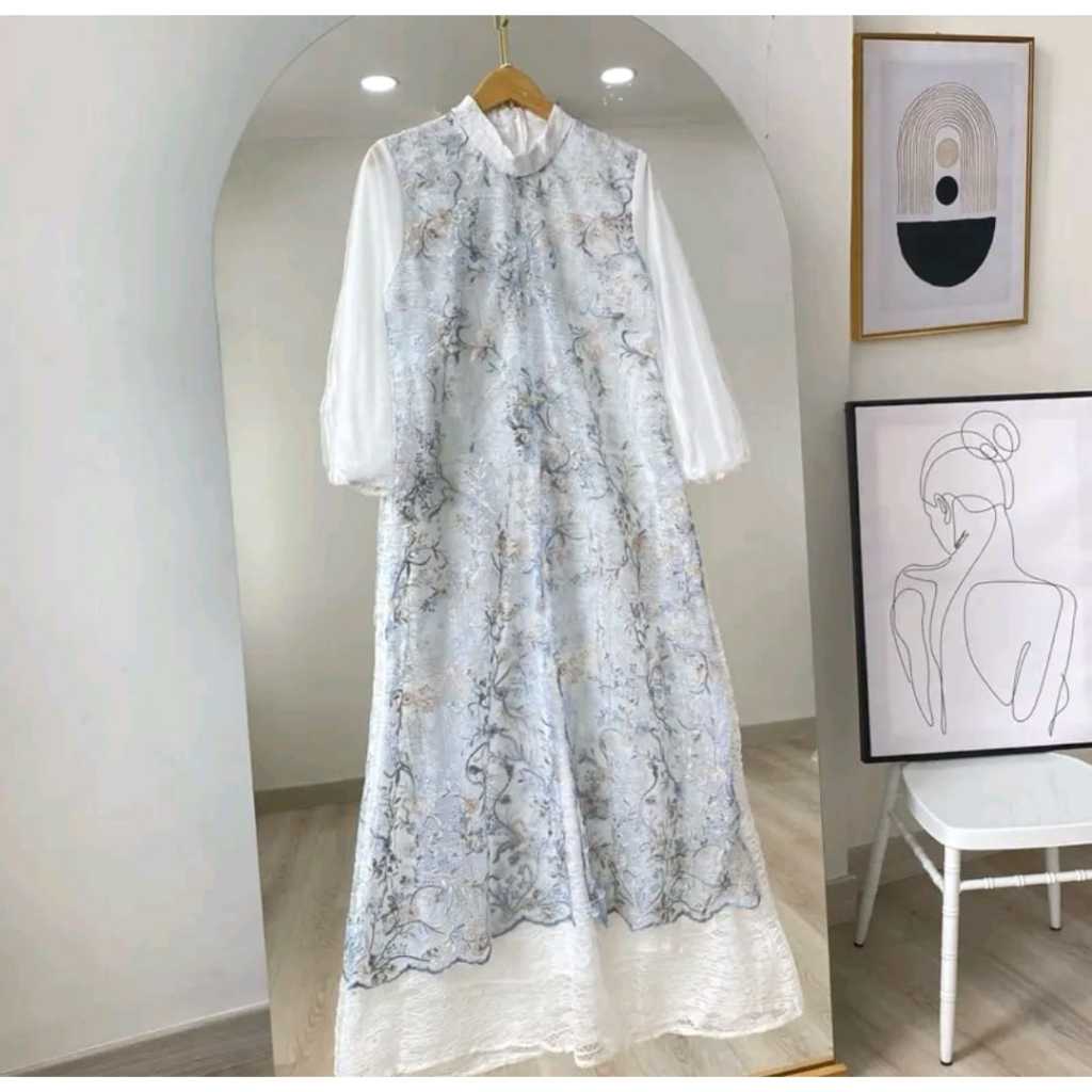 Gamis Lebaran Terbaru Flower  Maxy  BO Size M L XL XXL XXXL Bahan Brukat Malika Mix Brukat Tile Baju