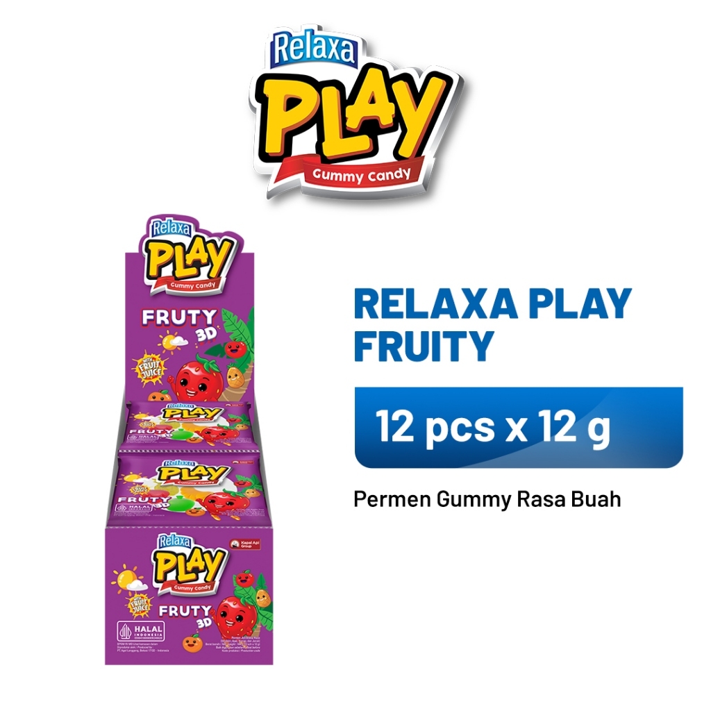 

1 BOX Relaxa PLAY Gummy Candy FRUTY 3D WITH FRUIT JUICE Permen Jeli Aneka Rasa (Stroberi, Apel, Nanas dan Jeruk) 144gr [12pcs x 12gr]