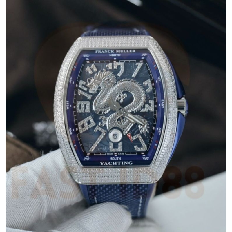 jam tangan pria franck muller automatic tali kulit silver dragon blue
