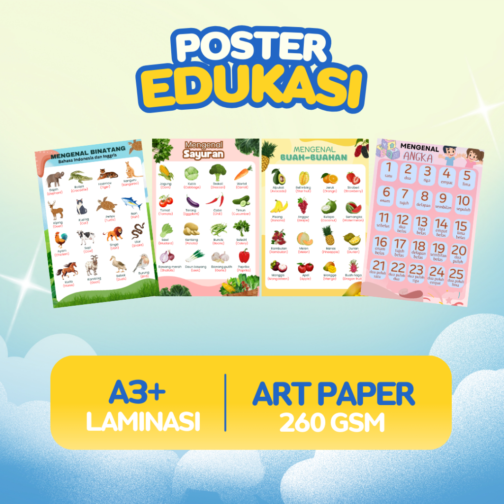 

Poster Edukasi Anak Premium Murah Mengenal Buah Sayuran Angka Binatang