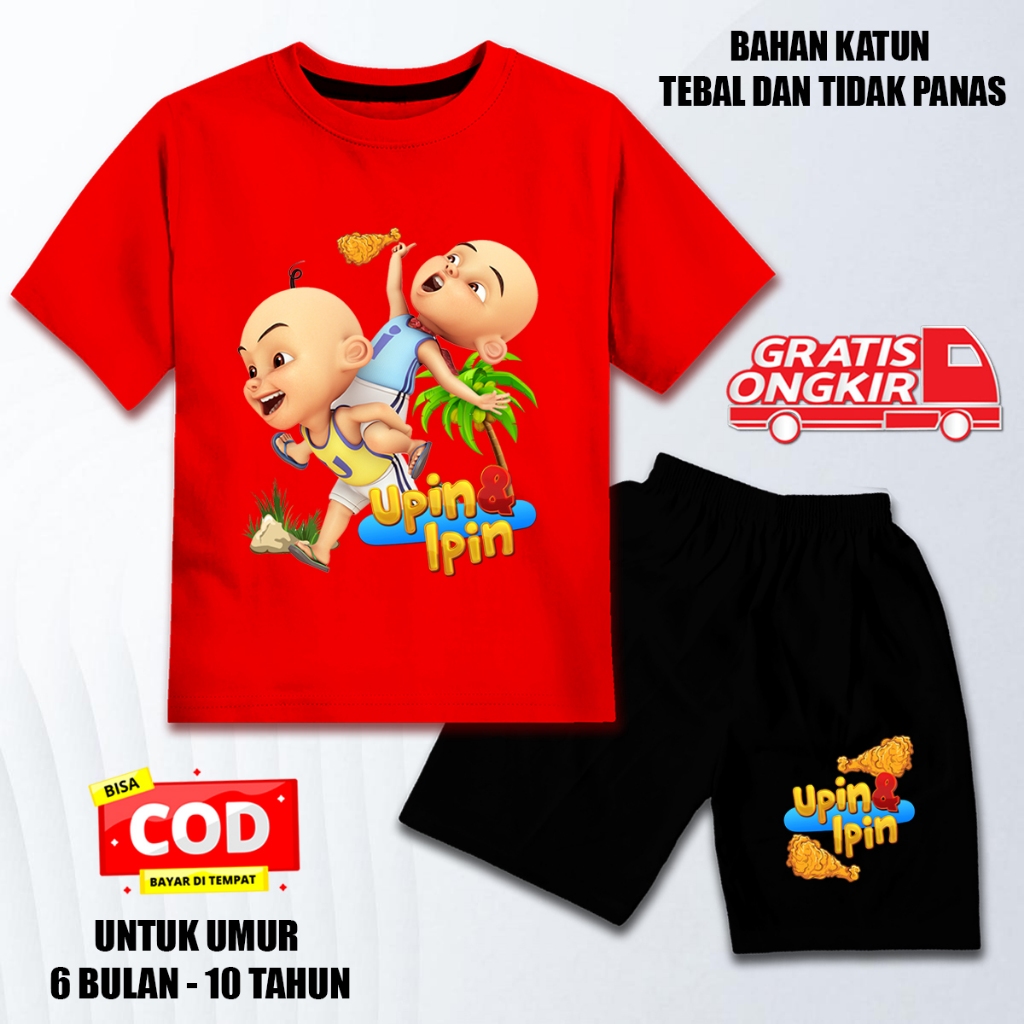 Setelan lengan pendek anak laki laki perempuan set baju kaos anak celana hitam upin ipin ayam goreng