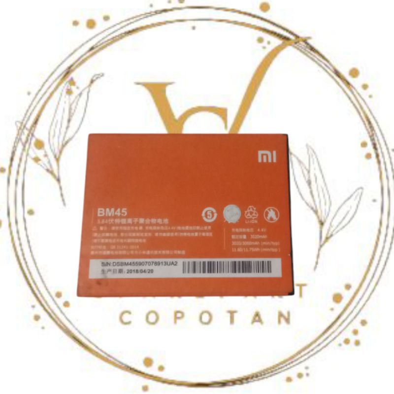 Baterai xiaomi redmi note 2 BM45 / redmi note2 bm 45 Original Copotan