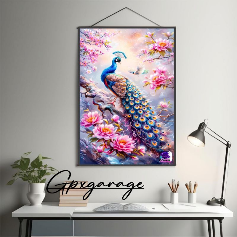 lukisan Cetak Hiasan dinding BURUNG MERAK Cantik  DEKORASI RUMAH RUANG TAMU