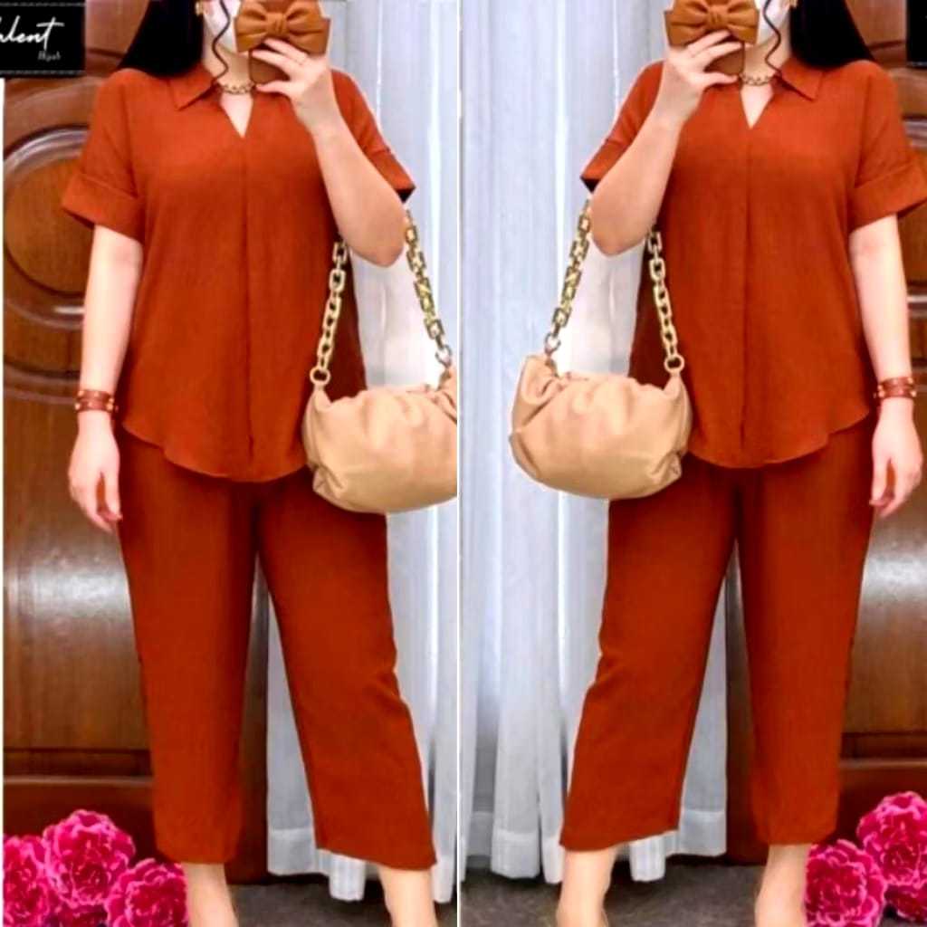 Yusa Baju Wanita One Set Kekinian Setelan Atasan Lengan Pendek dan Celana Panjang Bahan Katun Polos
