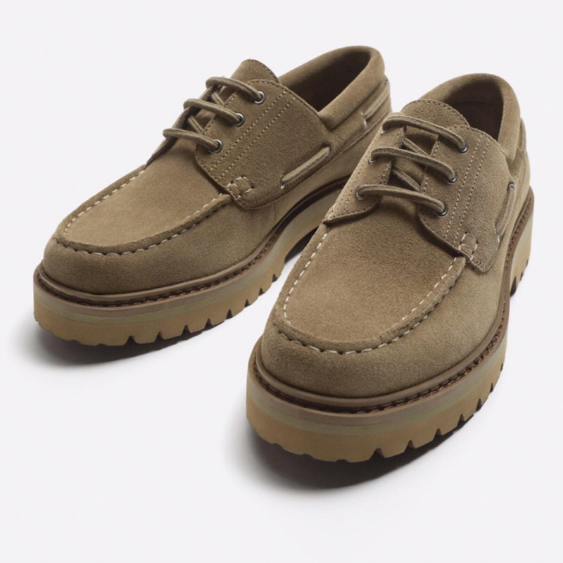 ZARA Men Shoes Leather Deck Sepatu Pria Khaki