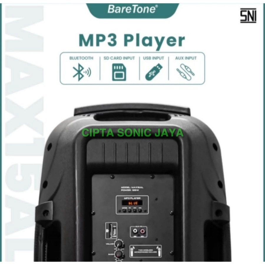 Portabel Speaker wireless 15 inch BareTone MAX 15 AL / MAX15AL / MAX 15AL bluetooth – ORIGINAL GARANSI RESMI