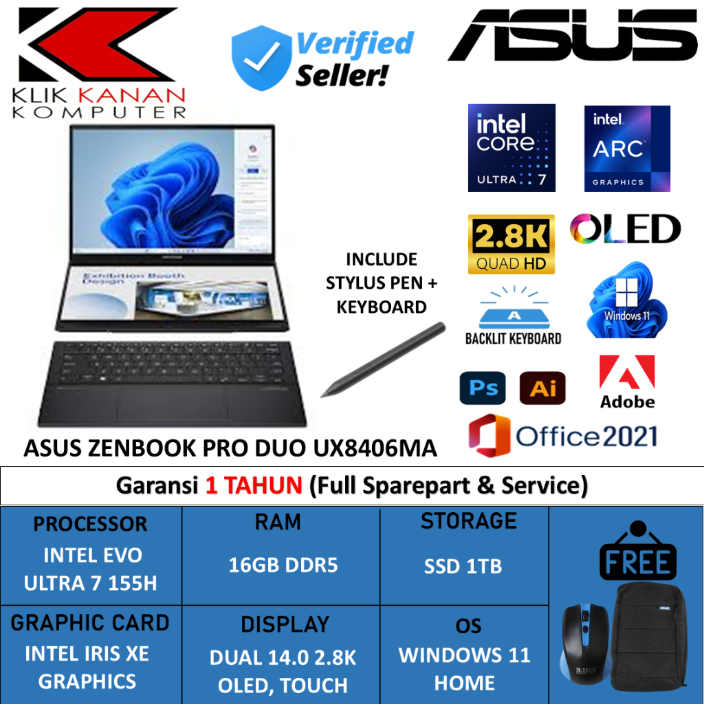 ASUS ZENBOOK PRO DUO UX8406MA INTEL EVO ULTRA 7 155H 16GB DDR5 1TB 14.0 2.8K OLED TOUCH 60HZ WIN11