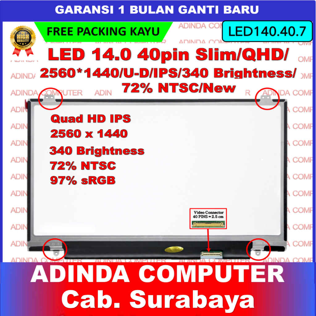 LED LCD Lenovo X1 Carbon Gen 3Rd 14.0 14 Inch 40 Pin 40pin Slim QHD Quad HD 2560*1440 IPS 340cd 72% 