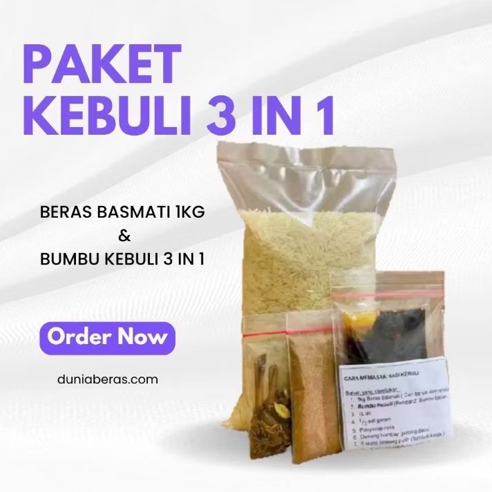 

Paket Nasi Kebuli 3in1 Ekonomis Beras Basmati 1Kg +Bumbu kebuli 3in1 Food Rice