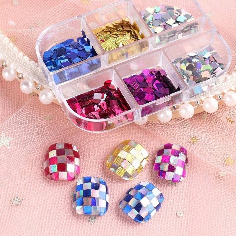 GNA - Set isi 12 Laser Payet Nail Art Persegi Panjang - Hiasan Kuku Kotak Persegi Panjang - Rhinesto