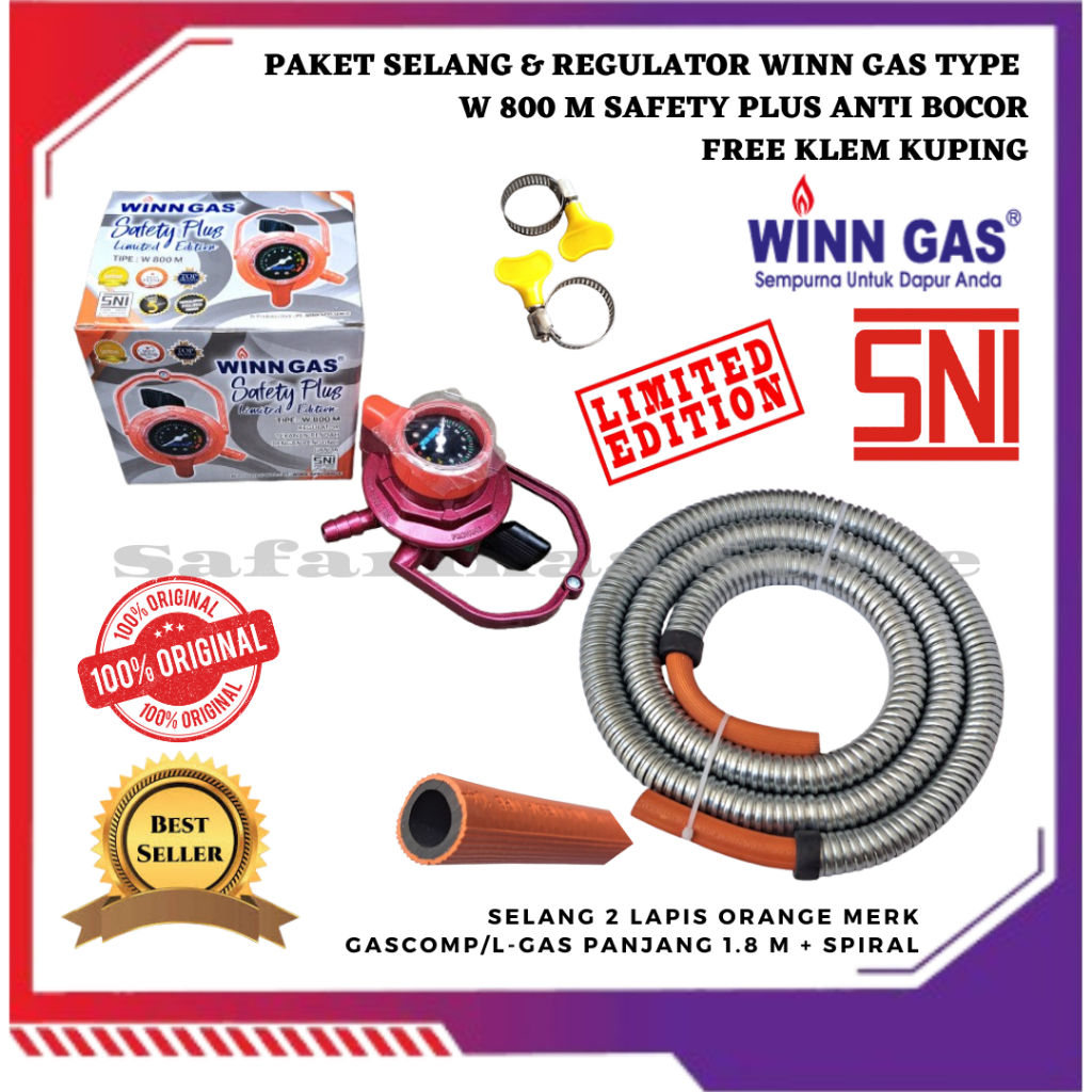 REGULATOR ANTI BOCOR KOMPOR GAS LPG WINN GAS W 800 METER SAFETY PLUS SET SELANG ORANGE 2 LAPIS