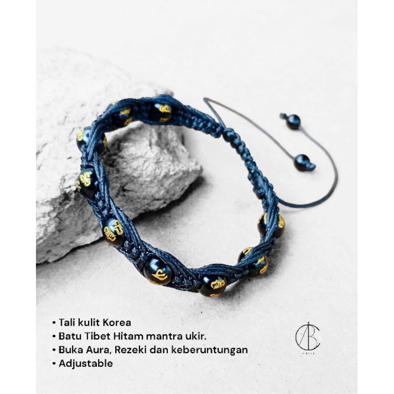 Gelang Simpul Tali Kulit Metal Batu Hitam Tibet Mantra Ukir Aura Rezeki dan Keberuntungan Tali Kulit