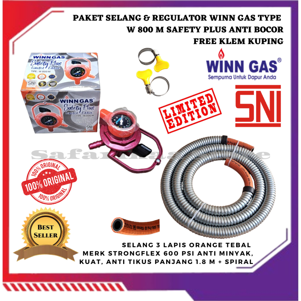 REGULATOR KOMPOR GAS LPG ANTI BOCOR W 800 M SAFETY PLUS SET SELANG 3 LAPIS ORANGE 600 PSI