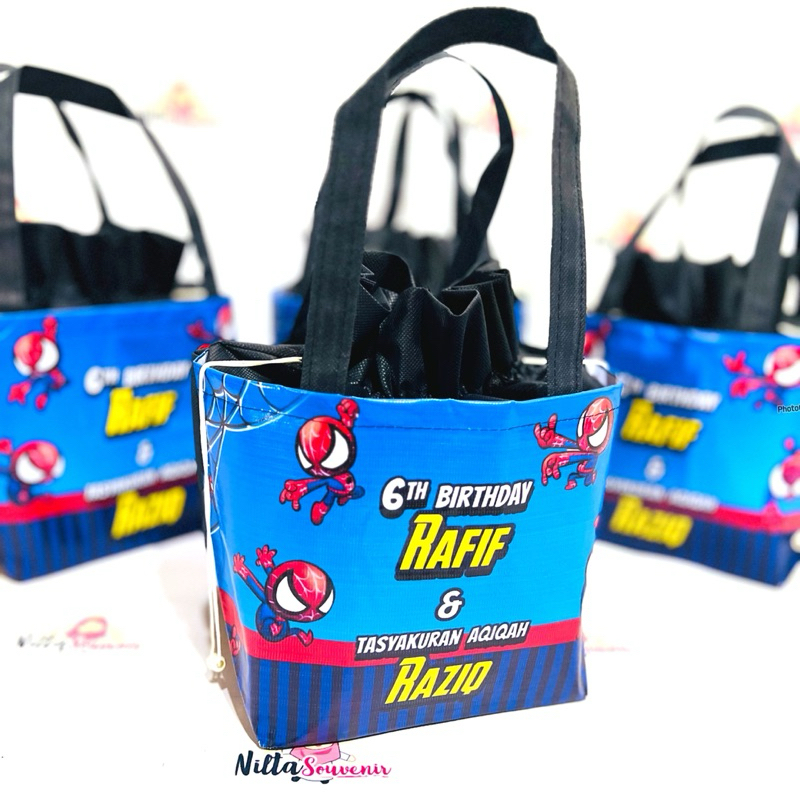 

Tas Souvenir Ulang Tahun Anak Goodiebag Ultah Model Serut Best Seller Custom Spiderman