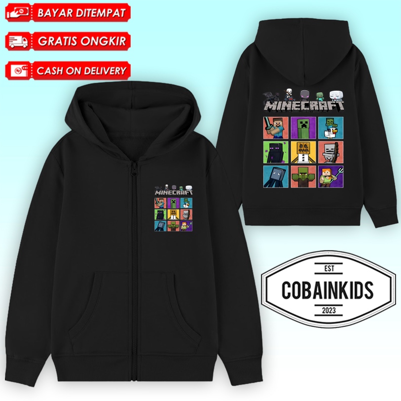 ( BISA COD ) Jaket Hoodie Anak MINECRAFT POCKET EDITION ALL CHARACTER / Jaket Resleting anak Karakte