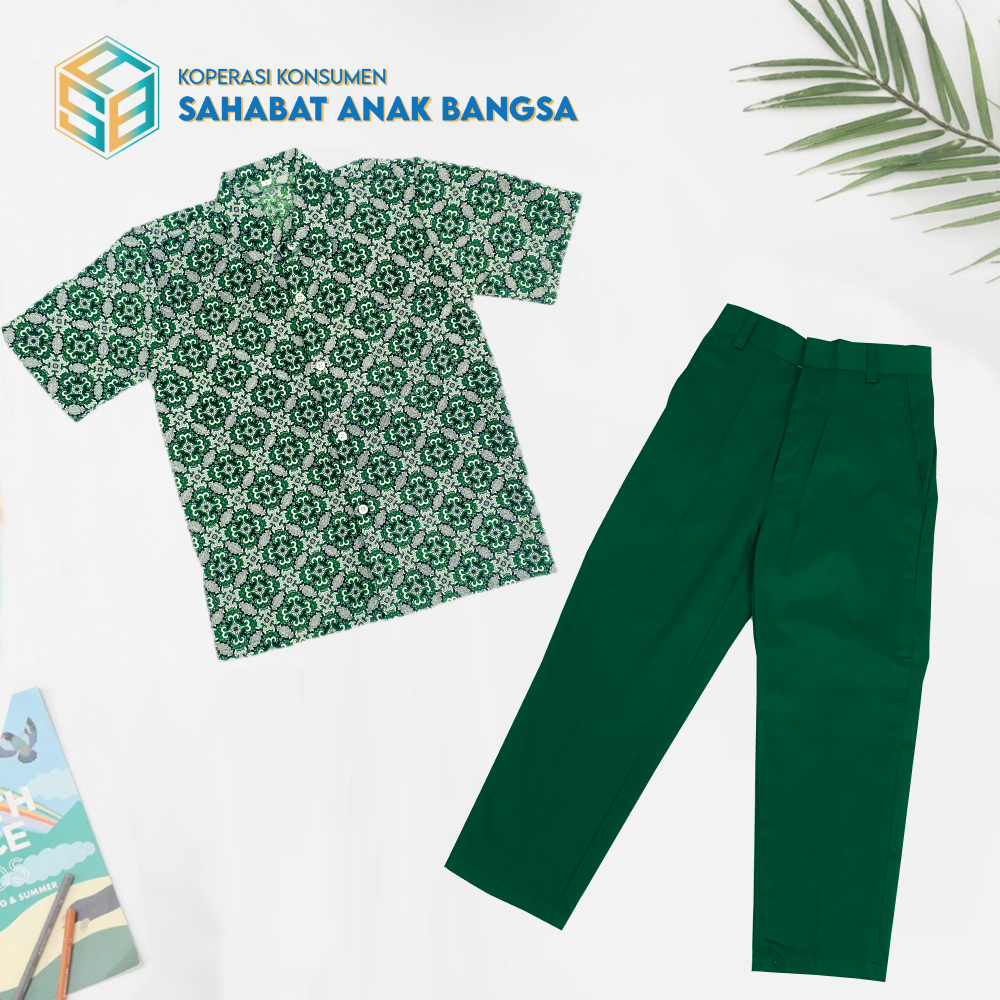 Seragam Batik Sekolah Dasar (SD) Motif Batik Bunga Nusa Satu Set Celana Hijau