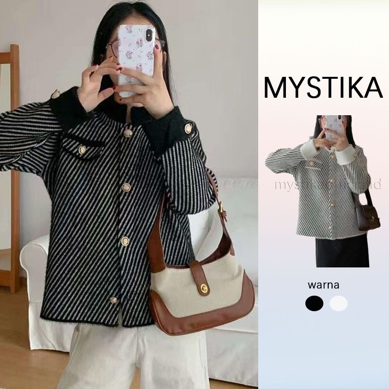 MYSTIKA Blazers Rajut Wanita Knit Top Blazer Wanita Kekinian Blazer Style Hitam Putih