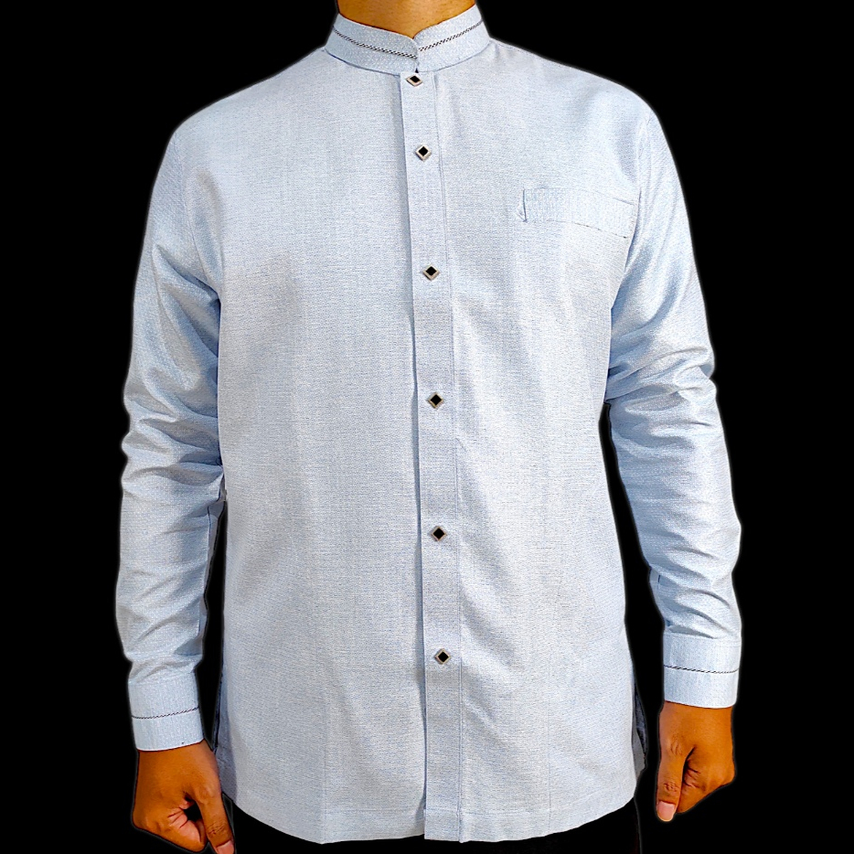 CARSIDA - Baju Koko Pria Lengan Panjang Biru Muda, Abu Tua dan Krem Motif Jacquard Premium