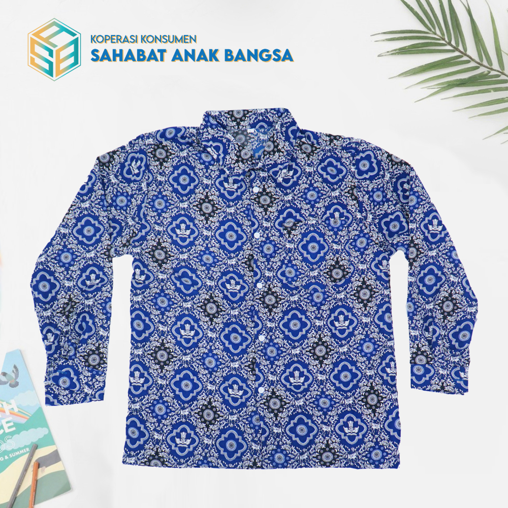 Baju Batik Seragam Sekolah SMP/SMA Motif Tunas Harapan Biru Lengan Panjang