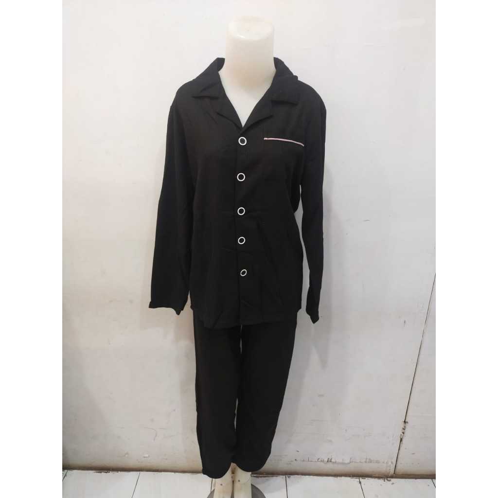 Baju Pakaian Tidur Wanita Dewasa Set PIYAMA PP POLOS HITAM Baju Lengan Panjang Celana Panjang Piyama