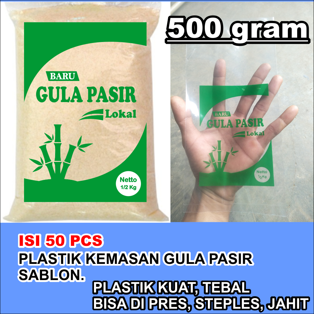 (isi 50 pcs) PLASTIK KEMASAN Gula Pasir 500gram SABLON, PLASTIK GULA