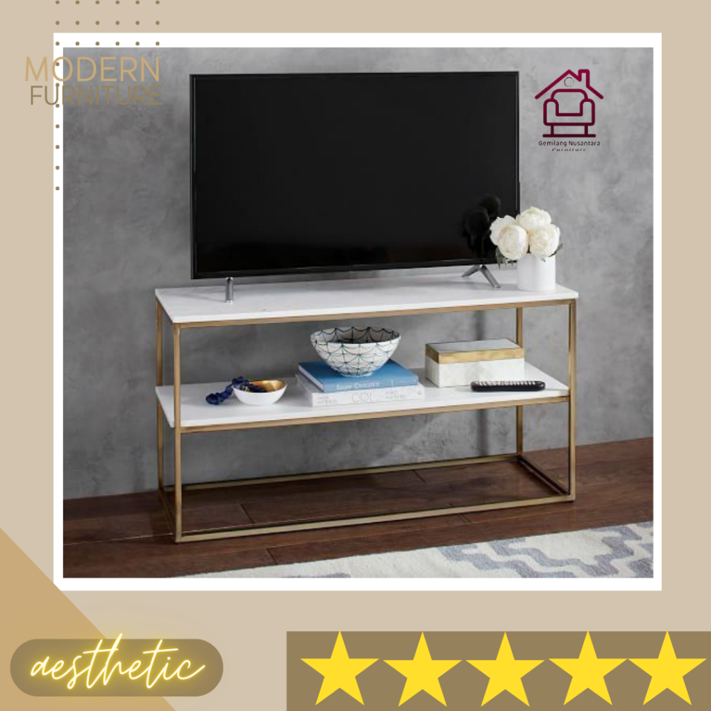 Meja TV Minimalis Rangka Besi Gold Permukaan Putih