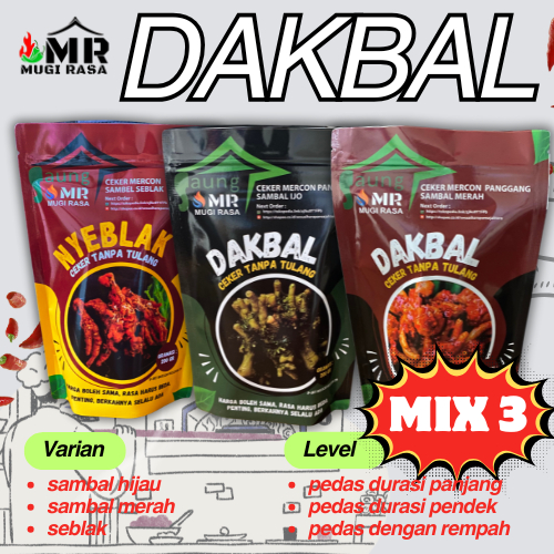 

Dakbal / mix 3 pcs / cekr mercon tanpa tulang / oseng mercon / ceke tanpa tulang / sambal hijau / sambal merah / seblak / 200 gram / makanan instan / ready to eat
