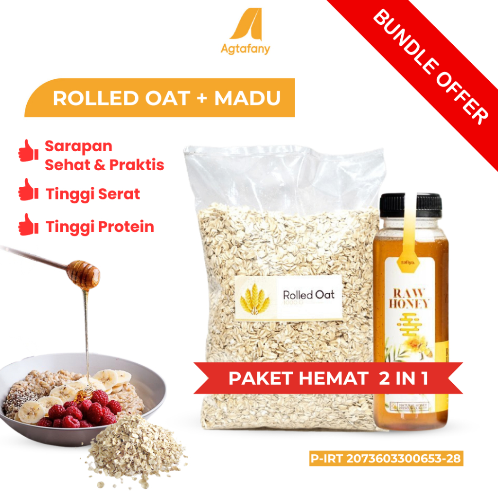 

[Paket Sarapan Sehat] Rolled Oat 1 kg + Madu Murni 350 gr Raw Honey Oatmeal Praktis Oat Overnight Sereal Kaya Serat Nutrisi Rendah Kalori