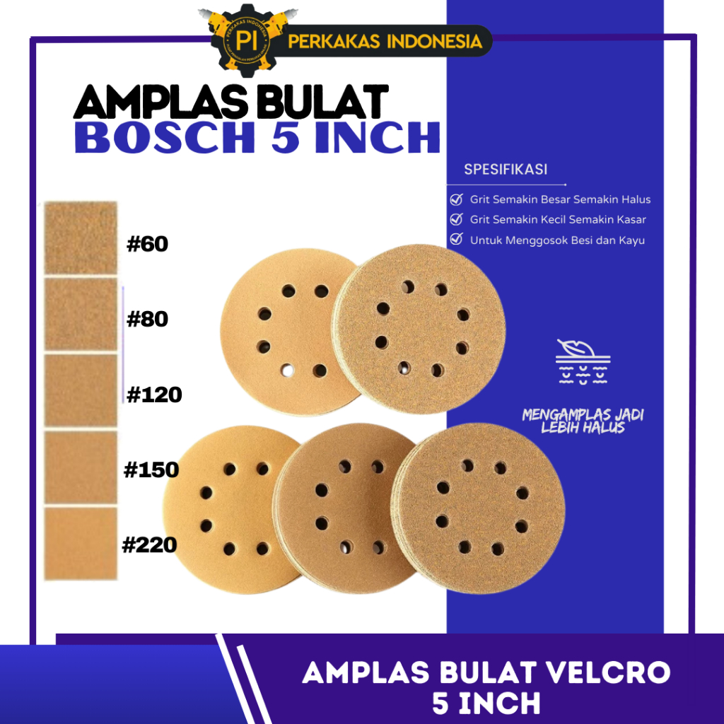 Amplas Bulat Velcro 5 Inch BOSCH 8 Lubang NO Grit P 60 80 100 120 150 180 220 240 280 320 400 500 60