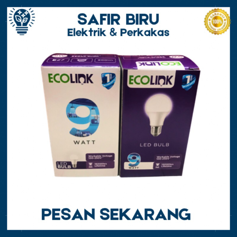 ECOLINK Lampu Led 9W Bulb Bulat Terang Hemat Energi SAFIR BIRU